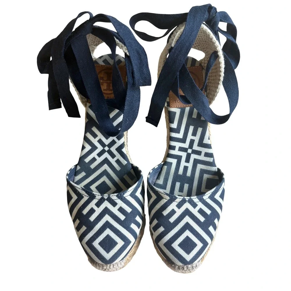 $248 TORY BURCH Ines Wedge Espadrille Navy Geometric Sandal Ankle Tie EU35;US5